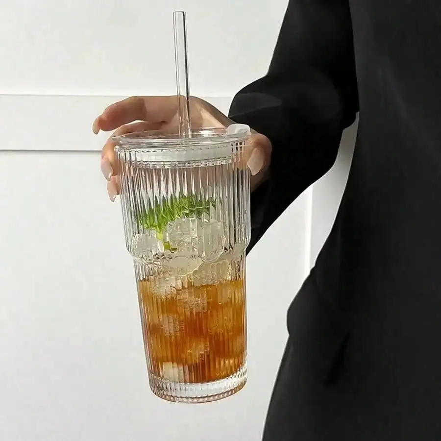 2 PCS 20OZ Vertical Striped Glass Tumblers With Lids And Glass Straws Clear Reusable Iced Coffee Cups Drinking Glass For Juice Cocktail Milk Tea - Image 6