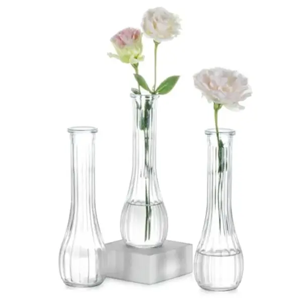Glass Bud Vases Centerpiece: 3 Pcs Small Flower Vase for Wedding in Bulk - Cute Clear Ribbed Vase for Party Events Home Table D