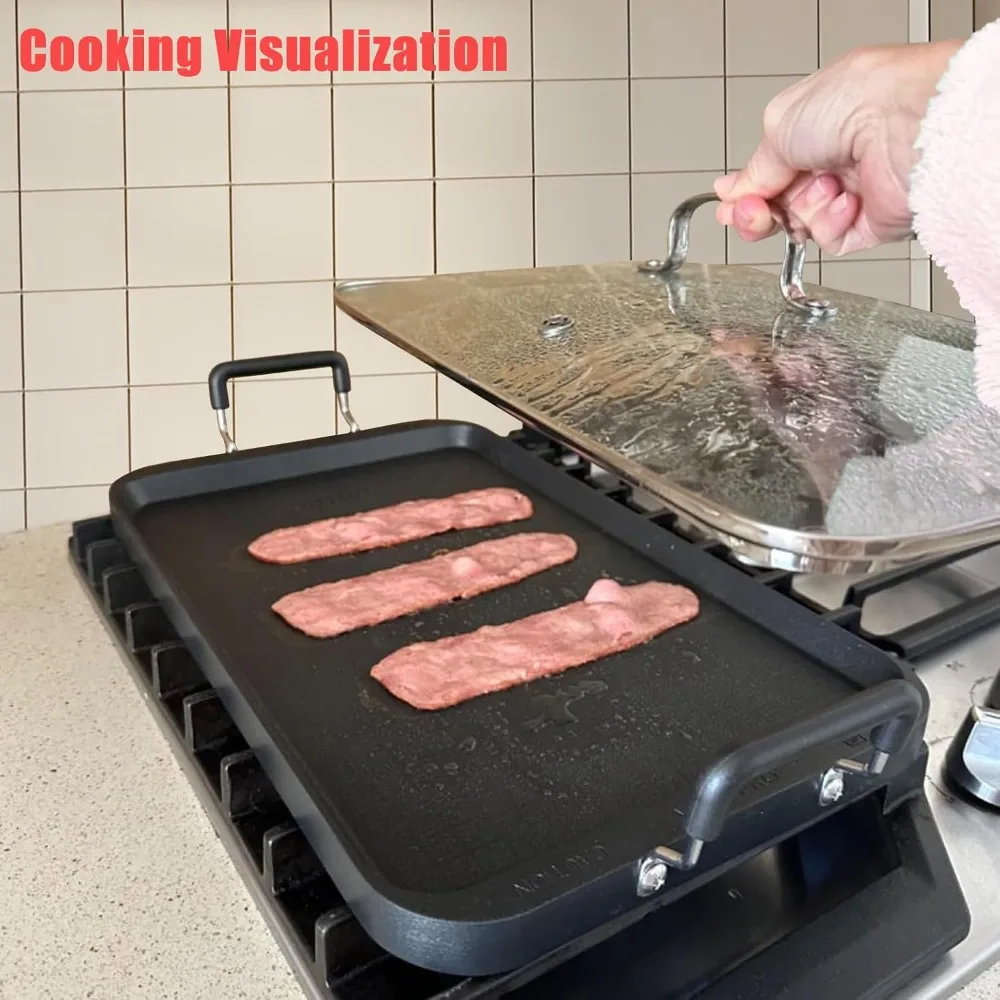 2 Burner Griddle Pan with Glass Lid, Non-Stick Aluminum, for Gas & Electric Stoves, Camping & Home - Image 3
