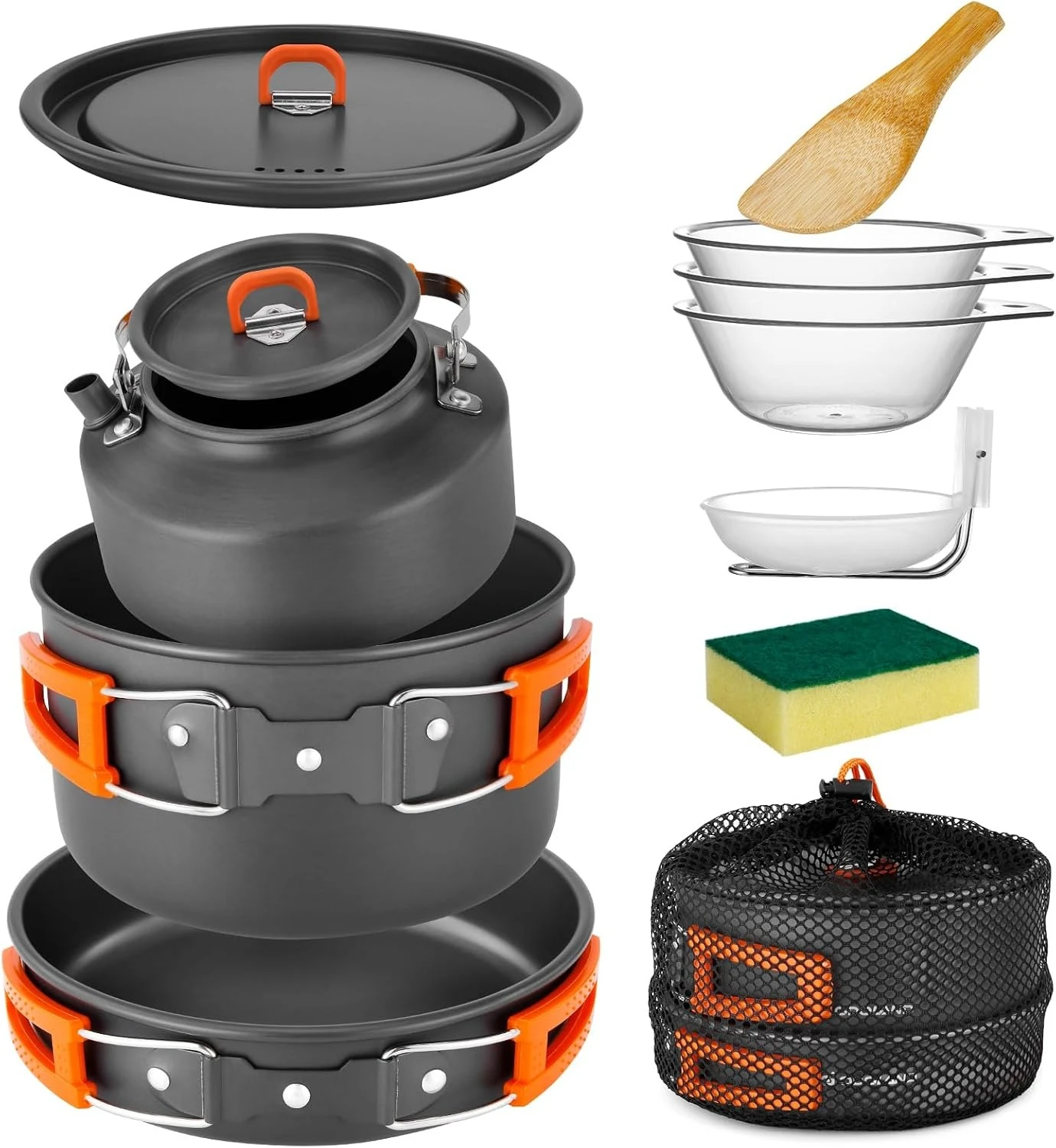 Open Fire Compatible 10Pcs Camping Cookware Set Stackable Outdoor Pots Pans Kit With Kettle Bowls Spoon For Hiking Backpacking Family Picnic - Image 6
