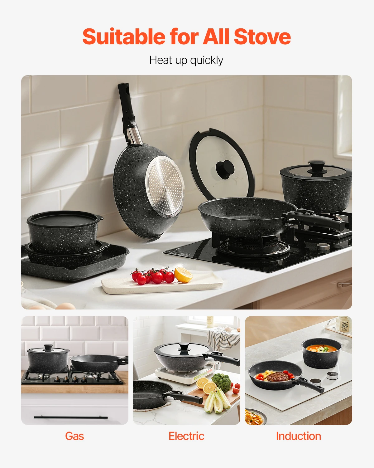 SucceBuy 17 Pcs Nonstick Cookware Set Granite Pots and Pans Set Induction Cookwares Kitchen Cooking Set w/Frying Sauce Saute Pan - Image 6