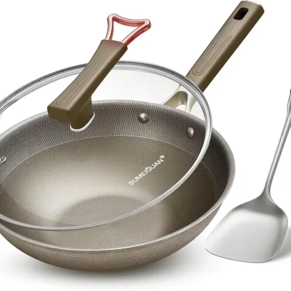 13 Inch Titanium Wok Pan with Lid - Non Stick Frying Pan, Cool-Touch Handle, PFAS/PFOA/PTFE Free, Flat Bottom Wok, Dishwasher Safe, Works on Induction