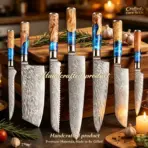 7PCS Feather Damascus Steel Kitchen Knife Set Blue Resin Wood Handle Japanese Chef Cleaver Santoku Bread Paring Knife Sharp Household Cooking Knives
