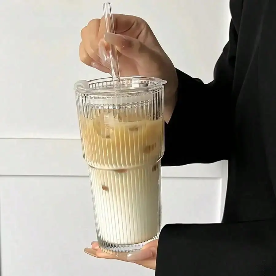 2 PCS 20OZ Vertical Striped Glass Tumblers With Lids And Glass Straws Clear Reusable Iced Coffee Cups Drinking Glass For Juice Cocktail Milk Tea - Image 5