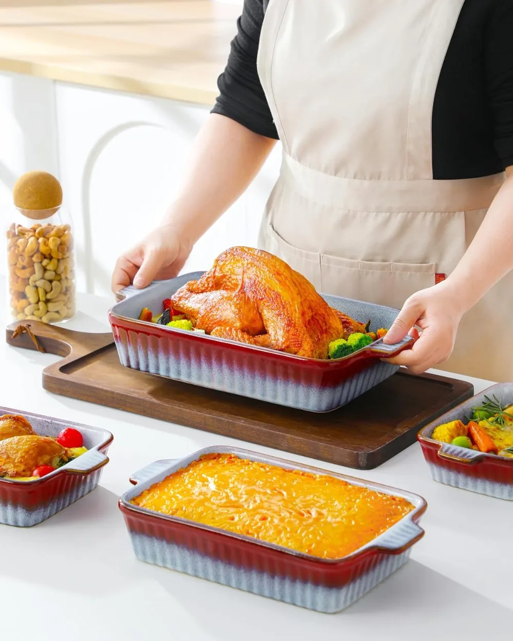 Reactive Glaze Ceramic Baking Dishes Set of 4, Gradient Red & Blue, Oven & Microwave Safe, Lasagna Pans with Handles - Image 6