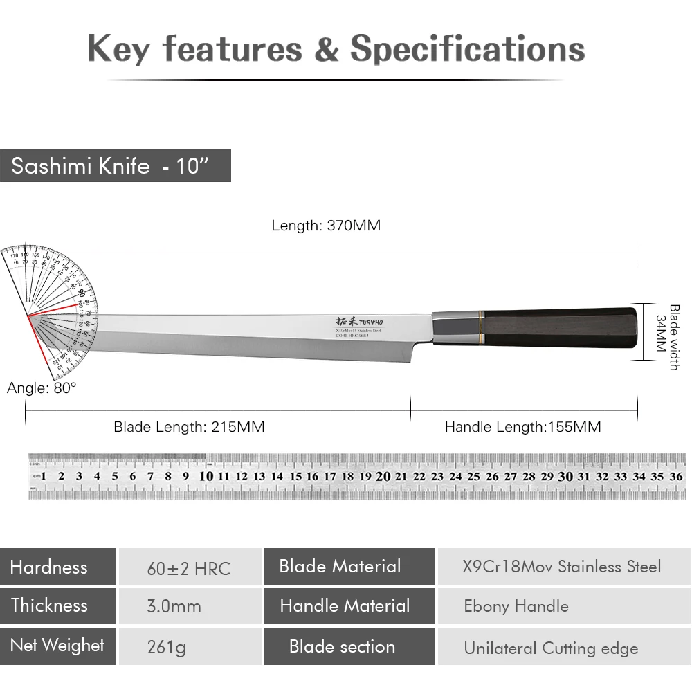 TURWHO 270mm Filleting Knife X9Cr18MoV High Carbon Steel Kitchen Knives Japanese Sashimi Sushi Salmon Knife with Ebony Handle - Image 6