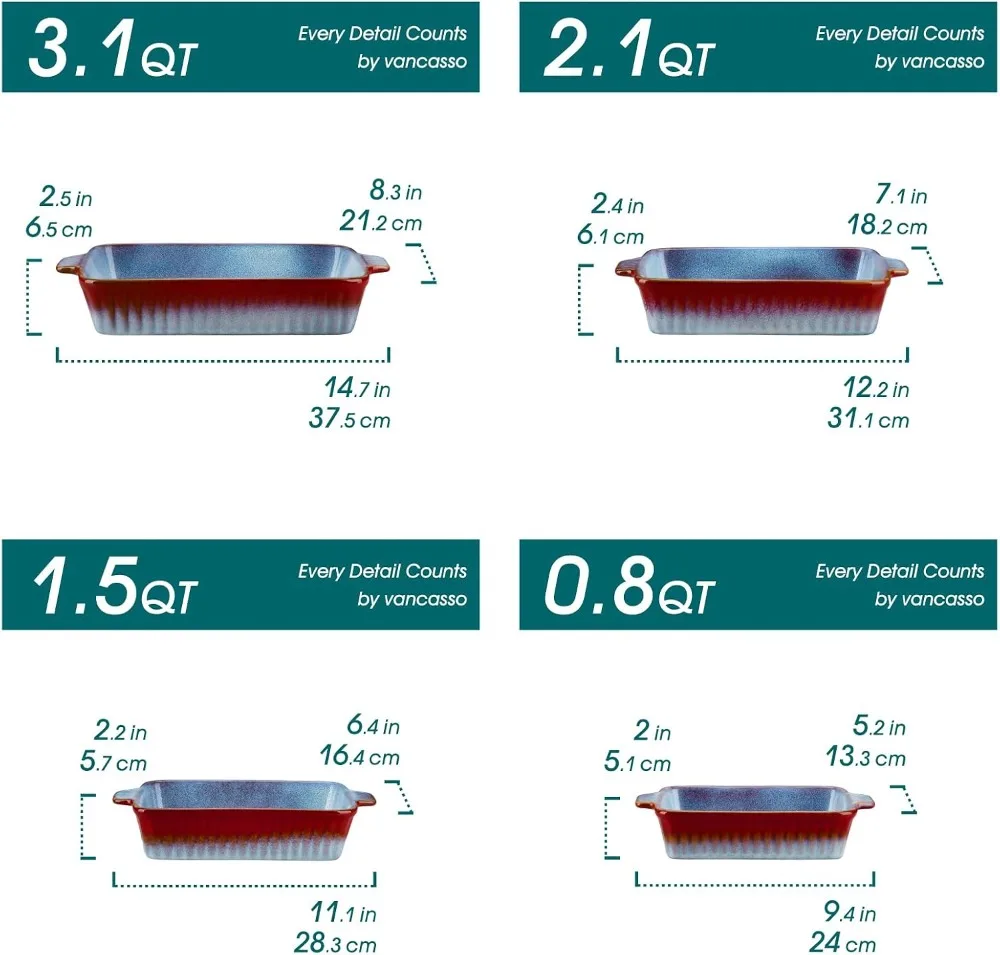 Reactive Glaze Ceramic Baking Dishes Set of 4, Gradient Red & Blue, Oven & Microwave Safe, Lasagna Pans with Handles - Image 3