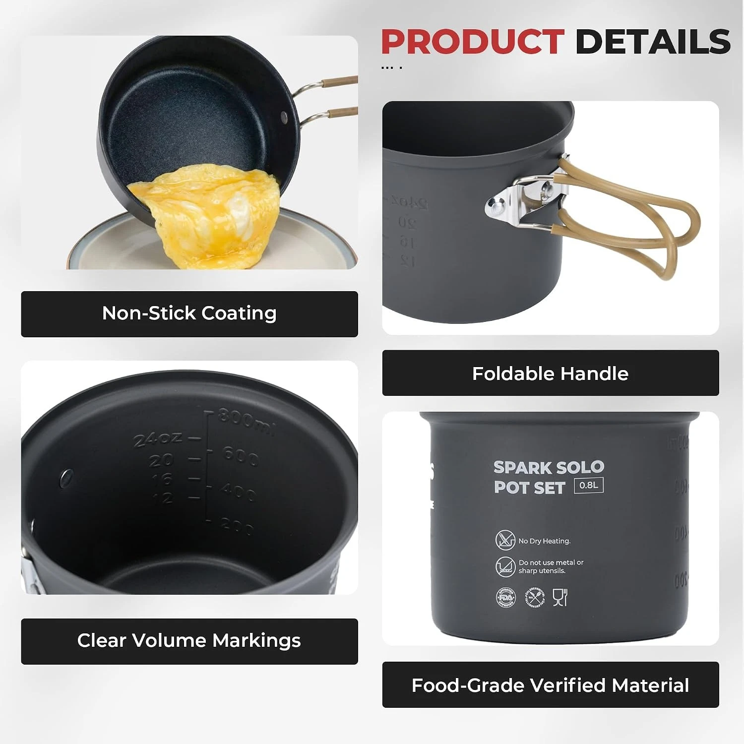 Lightweight Non Stick 9Pcs Camping Cookware Mess Kit With 3200W Backpacking Stove Gas Can Support Igniter 5 In 1 Spork For Solo Outdoor Camping Hiking Picnic - Image 4