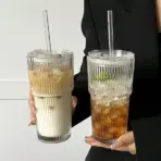 2 PCS 20OZ Vertical Striped Glass Tumblers With Lids And Glass Straws Clear Reusable Iced Coffee Cups Drinking Glass For Juice Cocktail Milk Tea