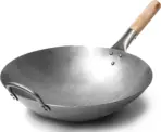 Traditional Hand Hammered Carbon Steel Wok 14 Inch Round Bottom for Gas Stove, Chinese Stir Fry Pan with Wooden Helper Handle