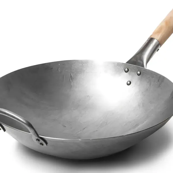 Traditional Hand Hammered Carbon Steel Wok 14 Inch Round Bottom for Gas Stove, Chinese Stir Fry Pan with Wooden Helper Handle