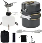 Lightweight Non Stick 9Pcs Camping Cookware Mess Kit With 3200W Backpacking Stove Gas Can Support Igniter 5 In 1 Spork For Solo Outdoor Camping Hiking Picnic