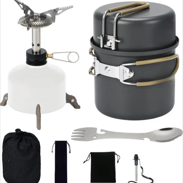 Lightweight Non Stick 9Pcs Camping Cookware Mess Kit With 3200W Backpacking Stove Gas Can Support Igniter 5 In 1 Spork For Solo Outdoor Camping Hiking Picnic