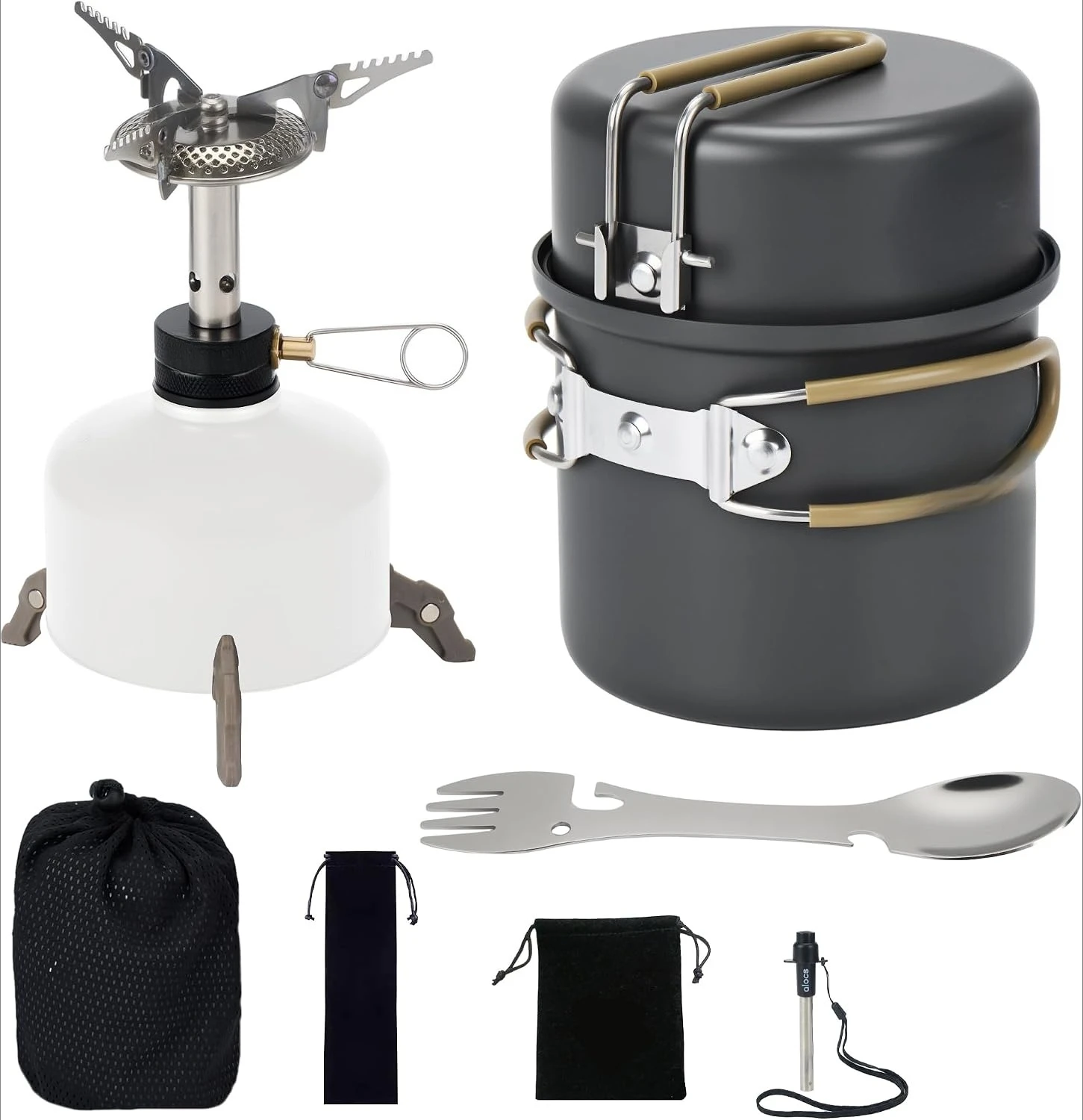 Lightweight Non Stick 9Pcs Camping Cookware Mess Kit With 3200W Backpacking Stove Gas Can Support Igniter 5 In 1 Spork For Solo Outdoor Camping Hiking Picnic