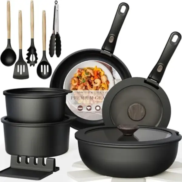 Pots and Pans Set Non Stick, Ceramic Cookware Set Detachable Handle, RV Kitchen Cooking Set Removable Handles, Oven Safe, Induc