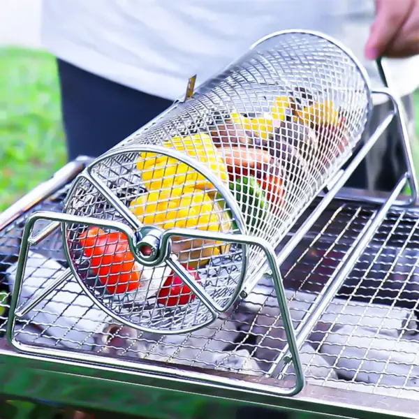 Gift Brush Stainless Steel BBQ Grill Mesh Basket - Rotisserie Cage- Rolling Roaster - Barbecue Cooking Accessory