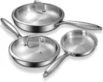 Tri-Ply Stainless Steel Frying Pan Set 8/10/12 inch with Lids, PFOA-Free Skillet, Induction Ready, Dishwasher Safe Oven Safe 500°F, Even Heating