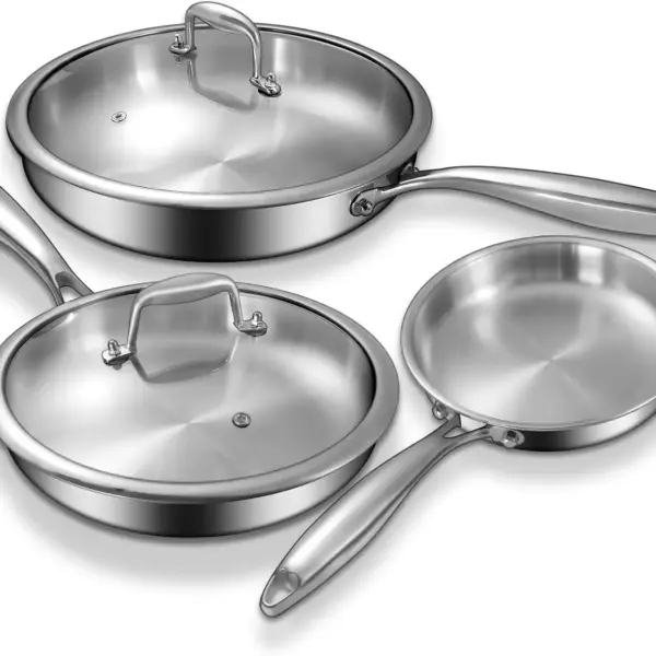 Tri-Ply Stainless Steel Frying Pan Set 8/10/12 inch with Lids, PFOA-Free Skillet, Induction Ready, Dishwasher Safe Oven Safe 500°F, Even Heating
