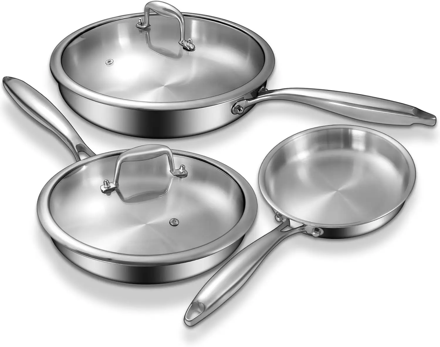 Tri-Ply Stainless Steel Frying Pan Set 8/10/12 inch with Lids, PFOA-Free Skillet, Induction Ready, Dishwasher Safe Oven Safe 500°F, Even Heating